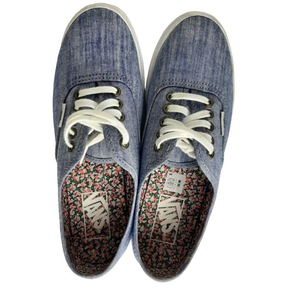 Vans Authentic Unisex Canvas Lace Up Low Top Floral Chambray Blue Size 7 - Picture 2 of 11